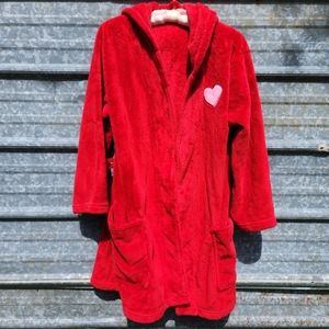 Red Plush Fleece Hooded Robe With Belt